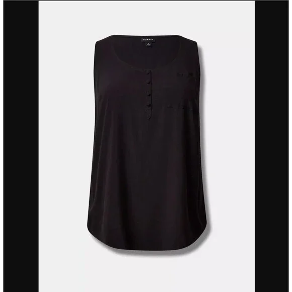 Torrid Black Challis Top 5X 28 Henley Button Sleeveless Blouse Pocket Casual NWT - Picture 7 of 8
